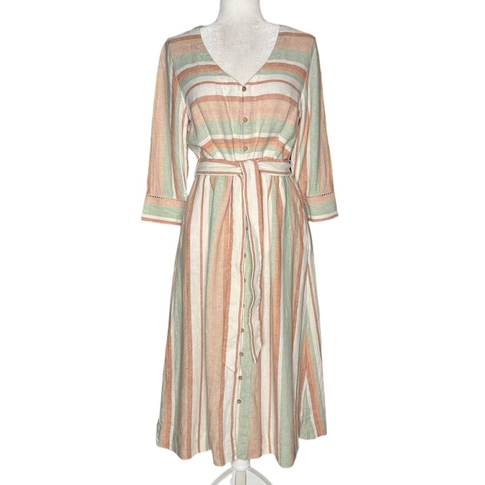 Soft Surroundings Dress Medium Striped Linen Maxi Midi Button Front Belted
